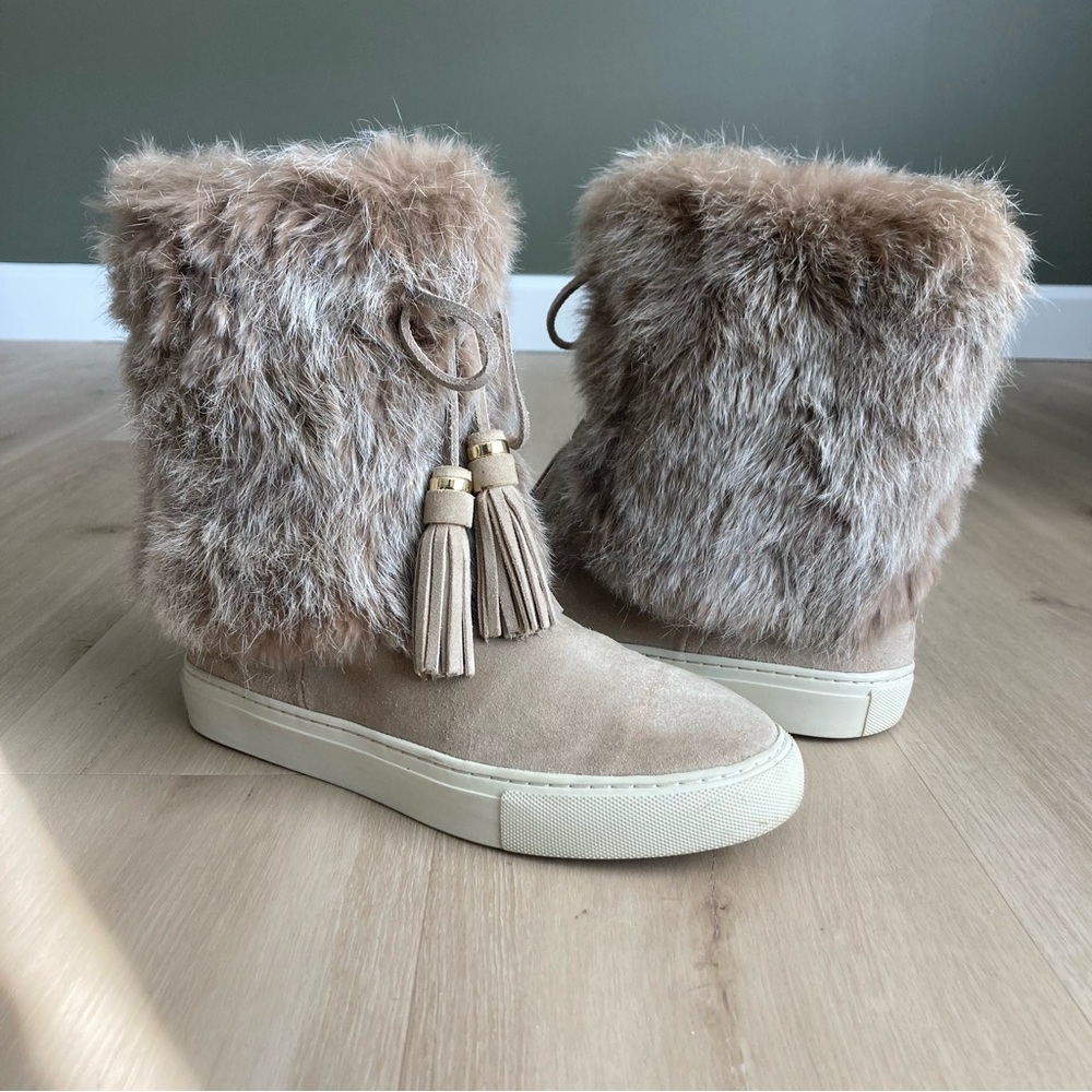 Tory Burch Anjelica Fur Suede Leather Boots Tan Taupe Gray size 7